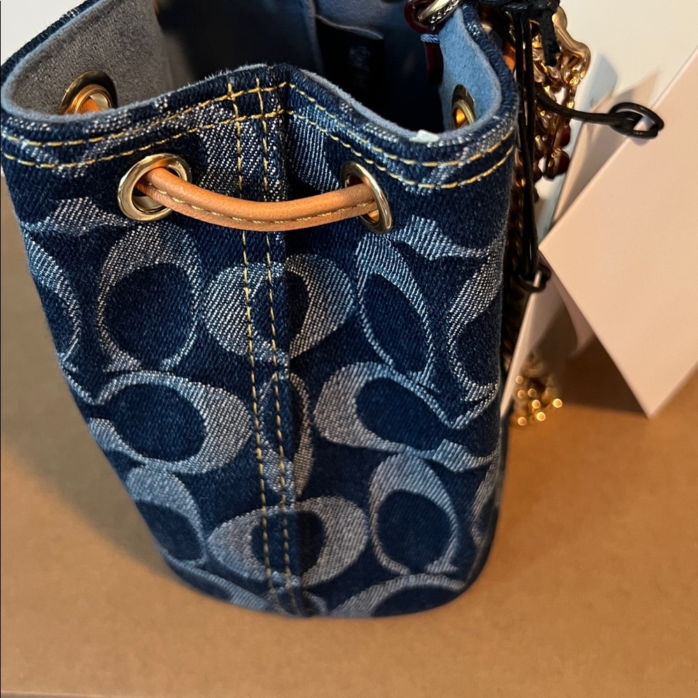 Miniature Micro Coach Navy and Gold Bucket Bag with Chain Strap - Picture 14 of 16